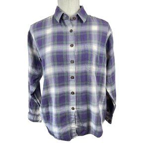 Vintage 90s St Johns Bay Plaid Shirt Top Flannel Womens Size PM Purple Button Up